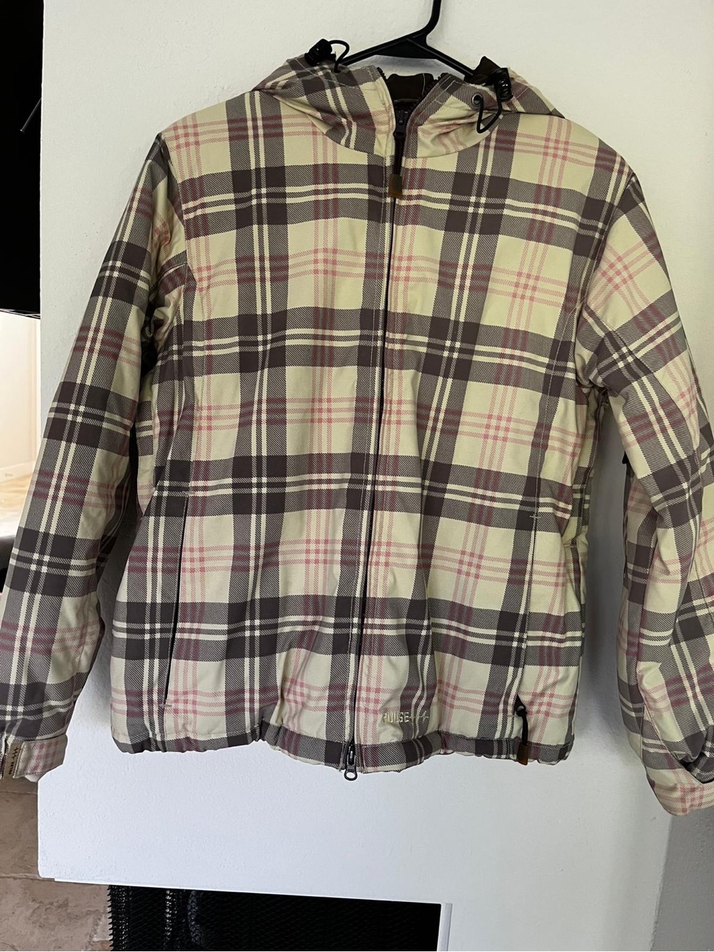 Pulse Plaid Hooded Puffer Jacket in Cream, Brown & Pink YTH Large